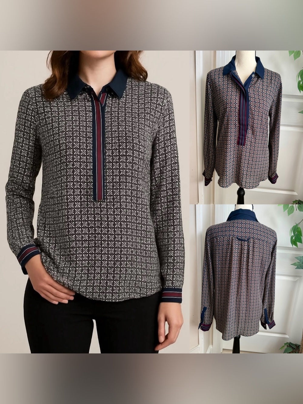 LOFT Medallion Print Popover Blouse Navy Burgundy Sz S